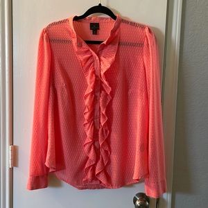 Worthington Coral Swiss Dot Button Up Ruffle Blouse | L EUC